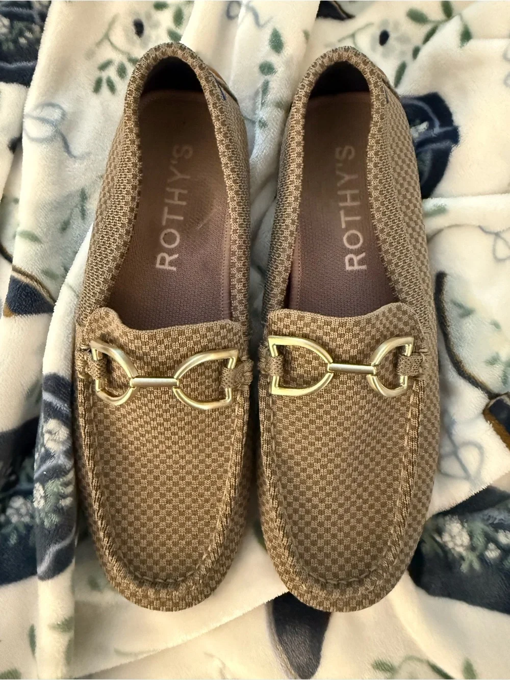 Rothy's Tan Knit Loafers with Gold Bit